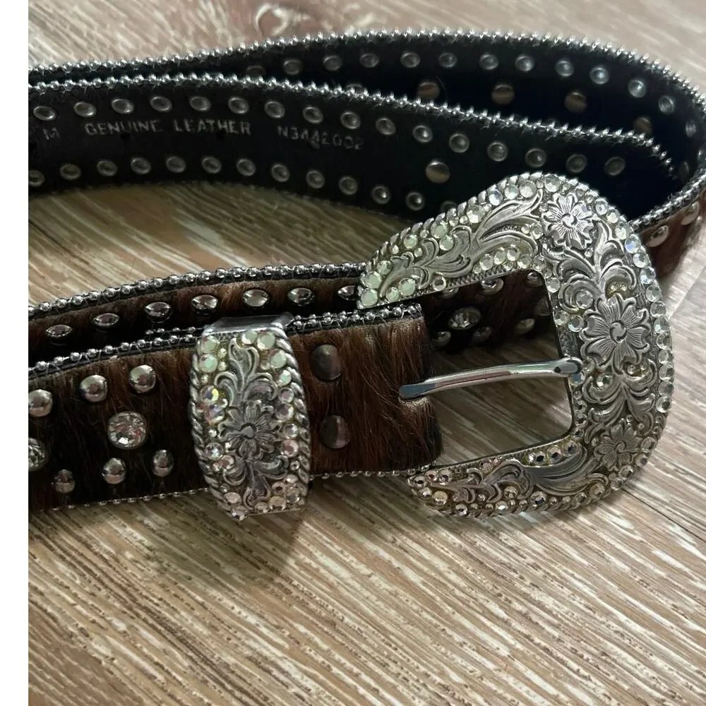 Nocona Western Studded Rhinestone Calf Hair Leather Belt Cowgirl Rodeo FestivalM - Picture 2 of 10